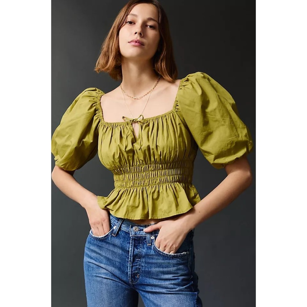 Faithfull The Brand Anthropologie Olive Green Milkmaid Peplum Smocked Top Medium